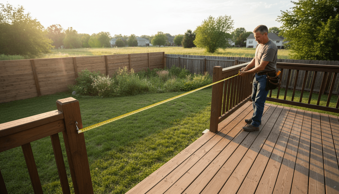 Contractor measuring a fence line on a wooden deck with a tape measure