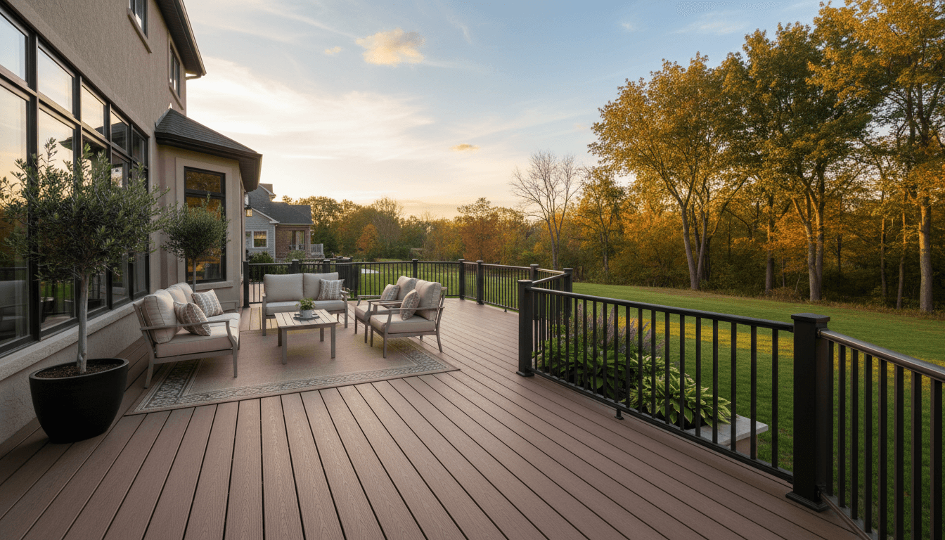 Composite deck with railing in backyard