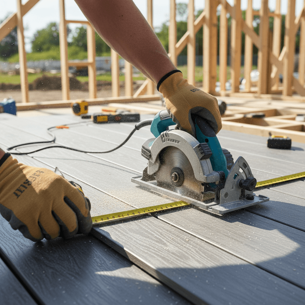 Close up of a carpenter measuring and cutting a composite board on a job site