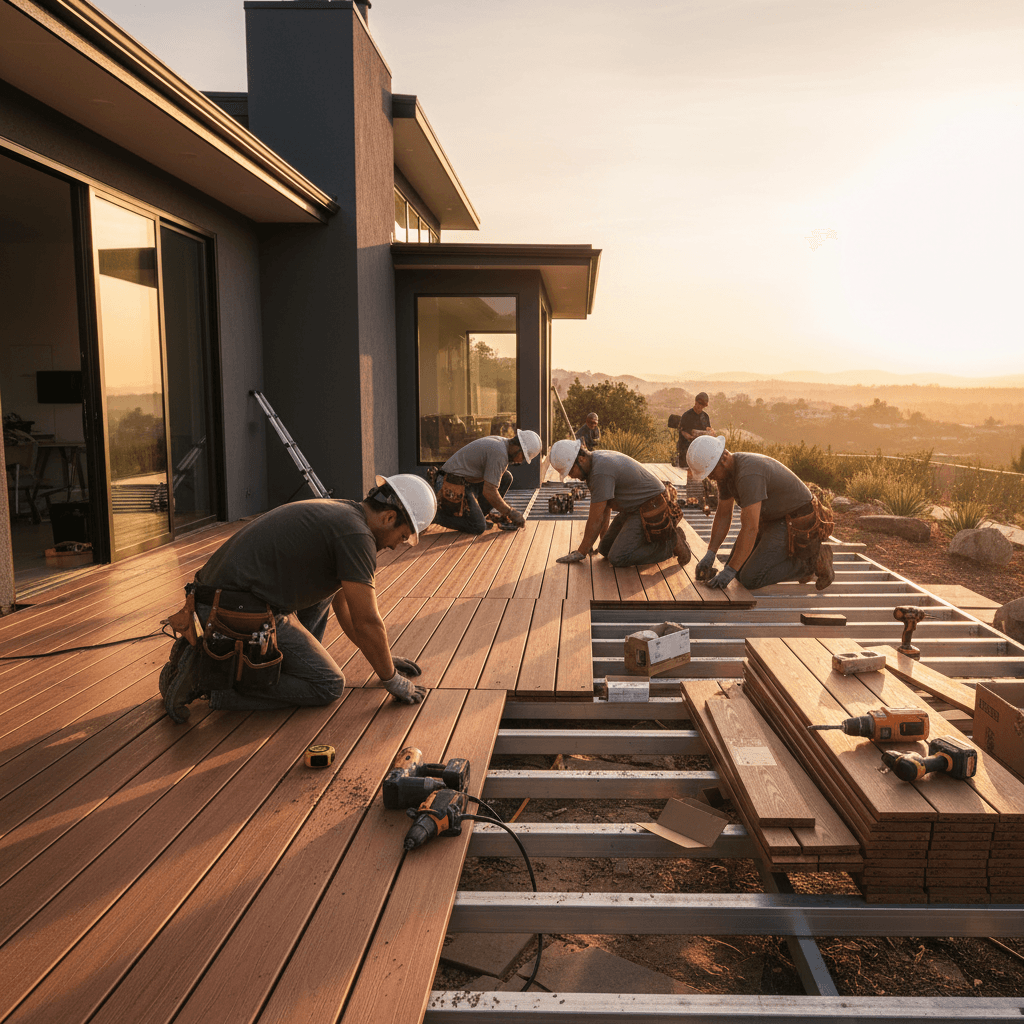 Composite deck boards being installed on a modern house