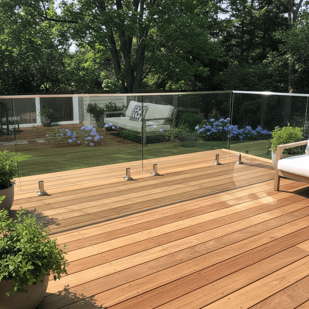 Natural wood deck with visible grain and a glass railing