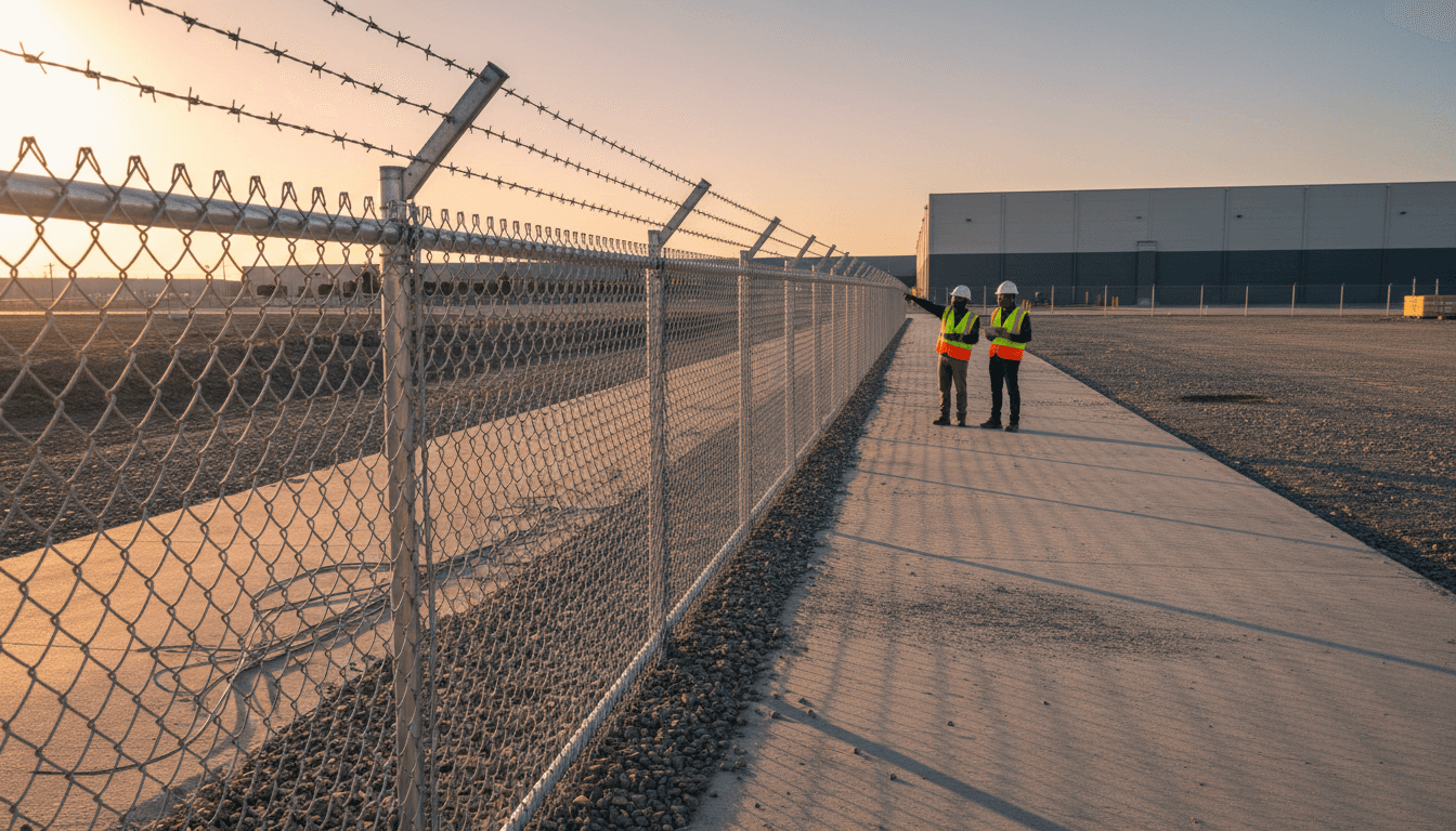 Industrial chain link fence installed around commercial property with metal posts