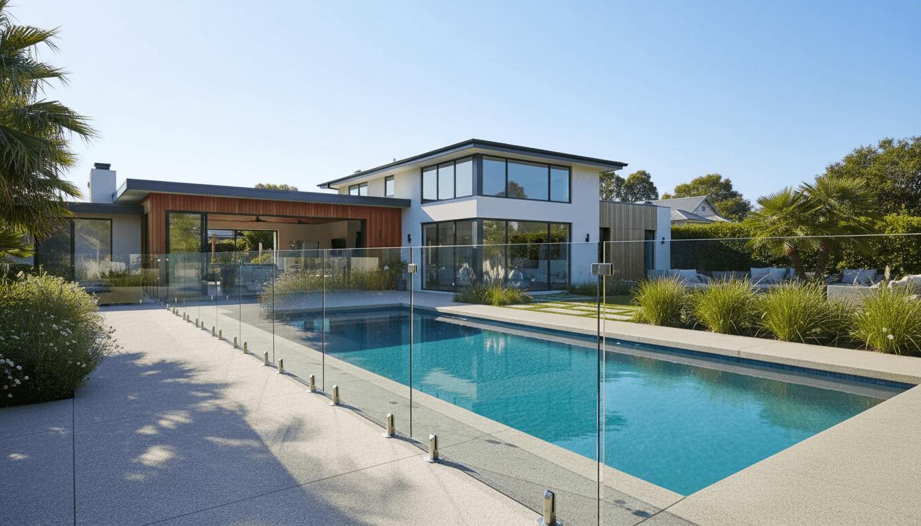 Chain-link fence enclosure around a backyard pool with a gate