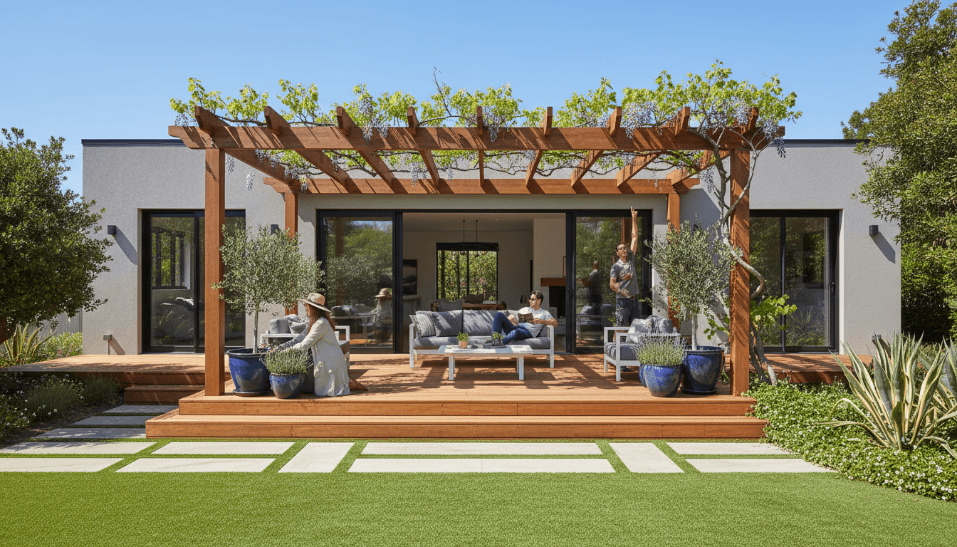 Large composite deck with built-in seating and a pergola extending from a house