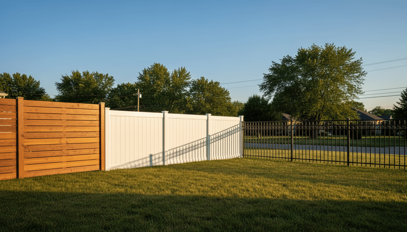 Vinyl privacy fence in residential backyard with green grass and clear blue sky