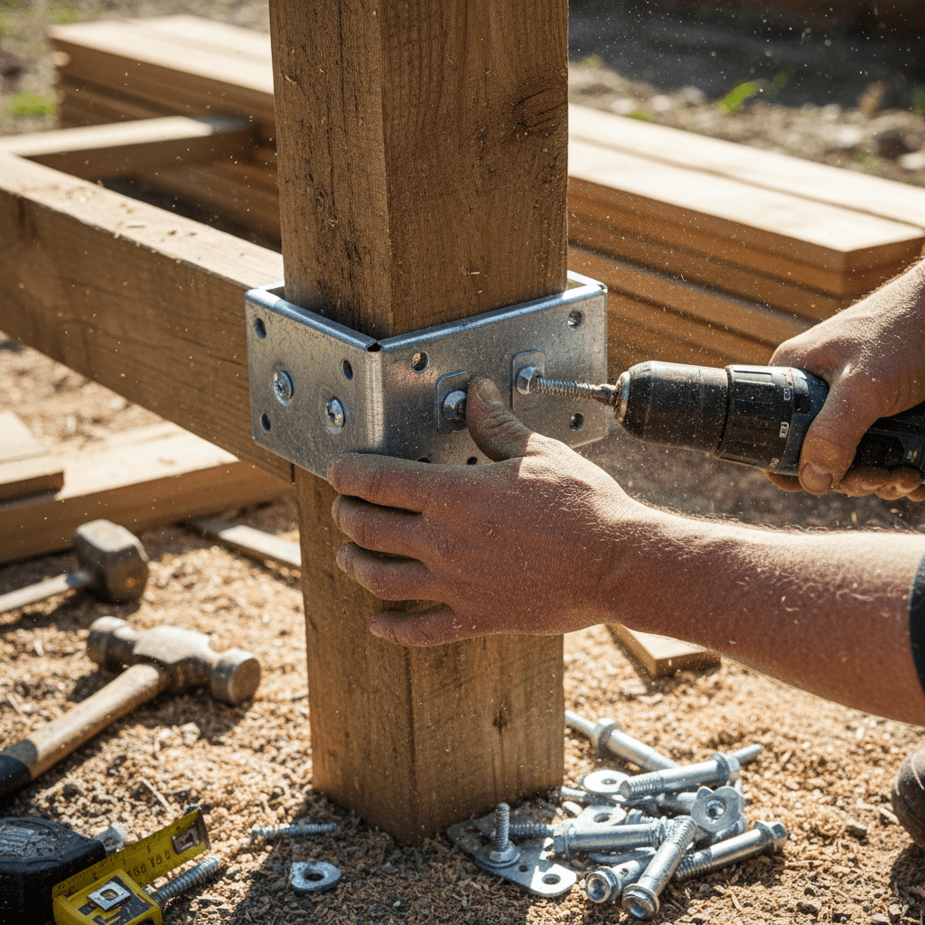 Hands installing cedar fence boards with a hammer on a residential property