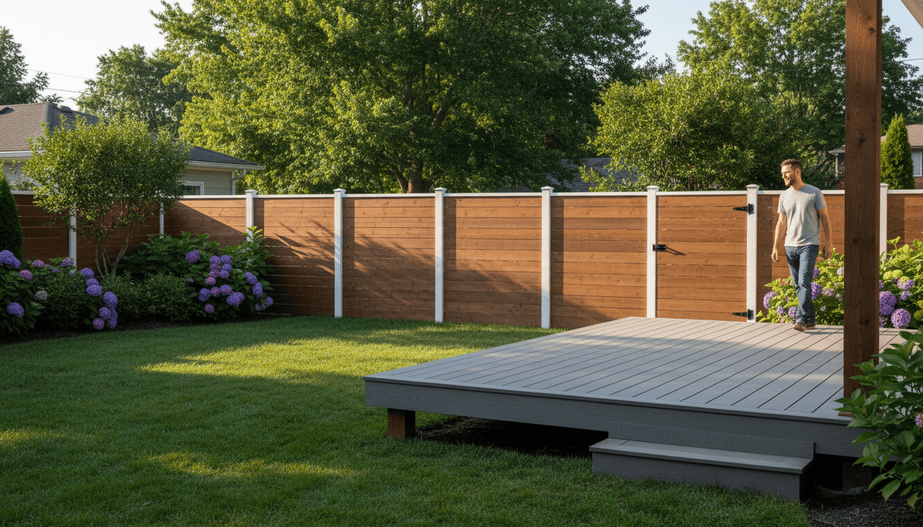 New wooden deck and privacy fence in a backyard