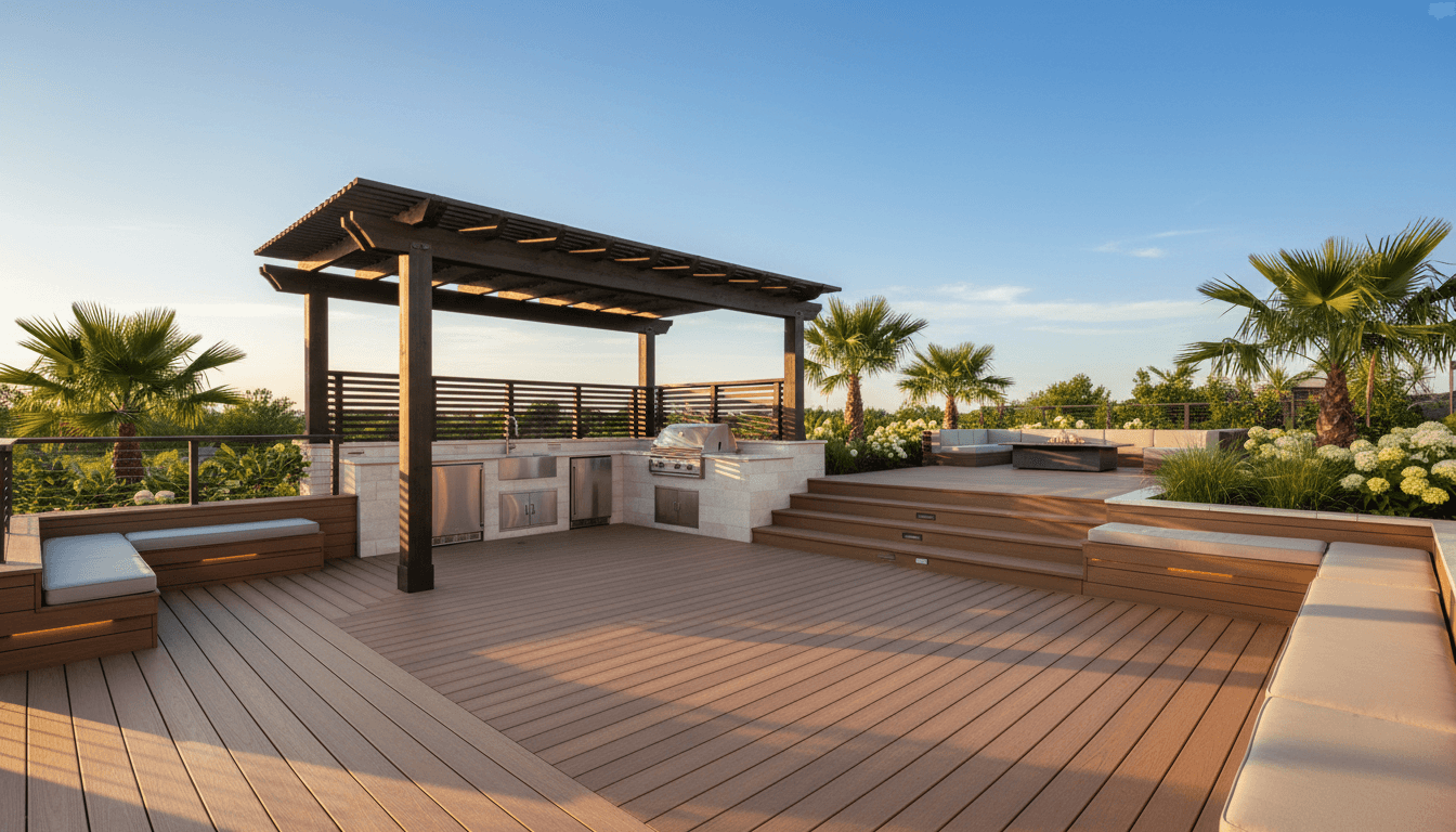 Natural wood deck with multi-level design and steps leading to a landscaped garden
