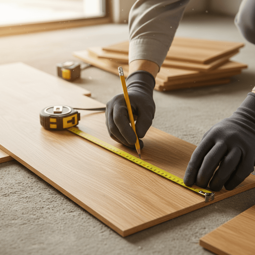 Professional contractor measuring a wooden deck in a backyard