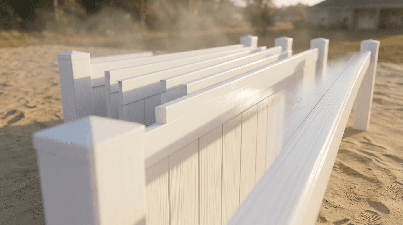 White vinyl privacy fence with a matching gate along a property line