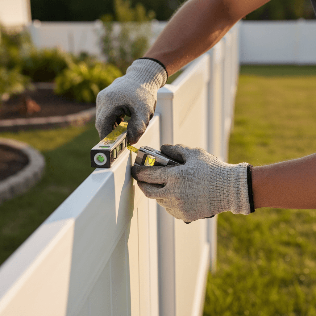 Contractor measuring a wooden fence on a residential property with professional tools